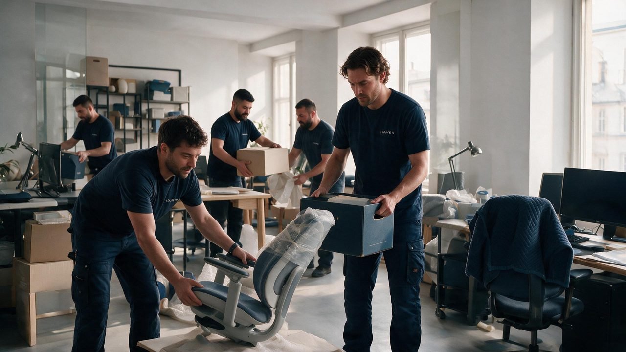 Vier HAVEN-Mitarbeiter verpacken Bürostühle, Bildschirme und Ablagen in einem hellen Wiener Büro.