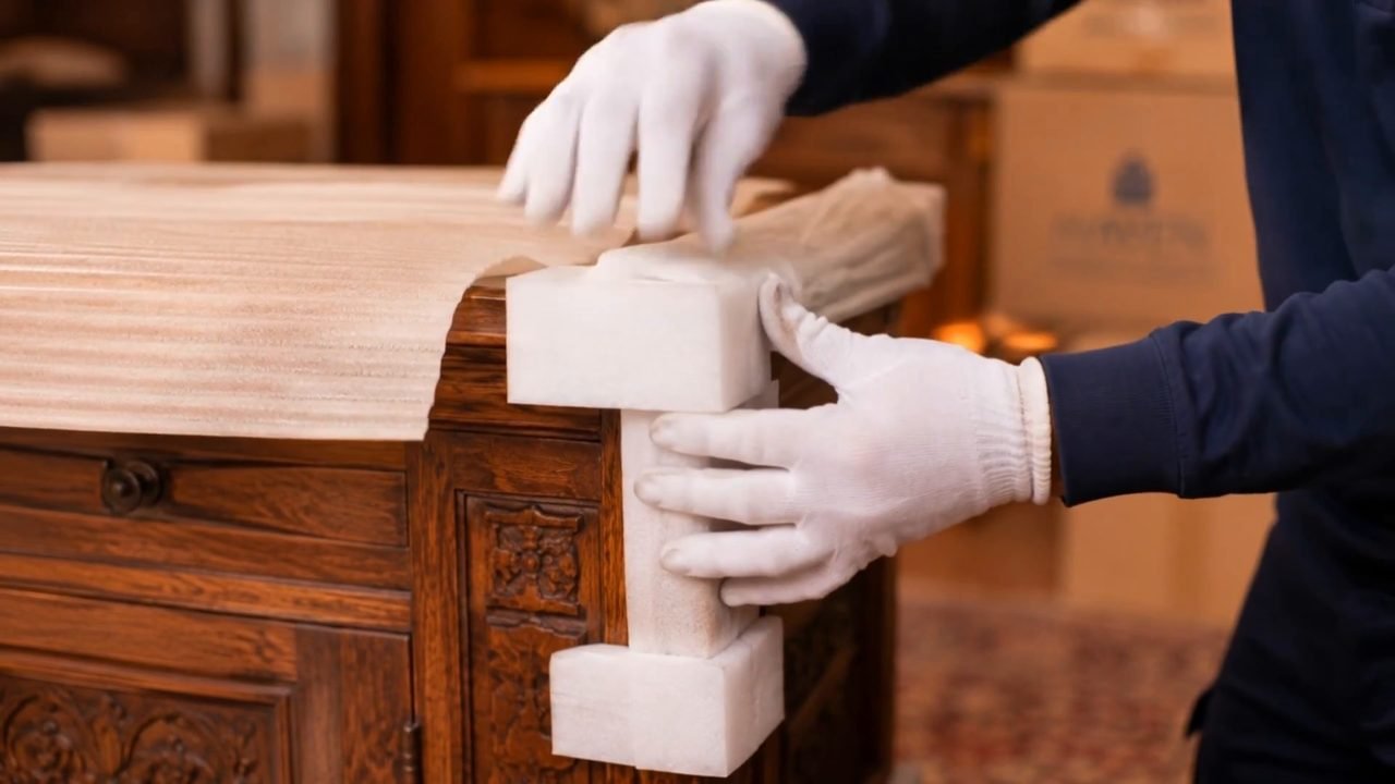 Kantenschutz wird an einem alten Möbelstück angebracht, bevor es abgetragen wird.