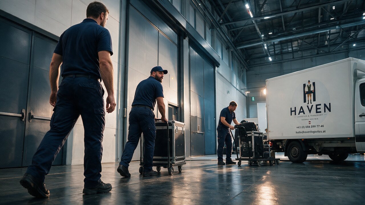HAVEN-Mitarbeiter schieben Flightcases in einer Halle zum HAVEN-Koffer-Lkw.