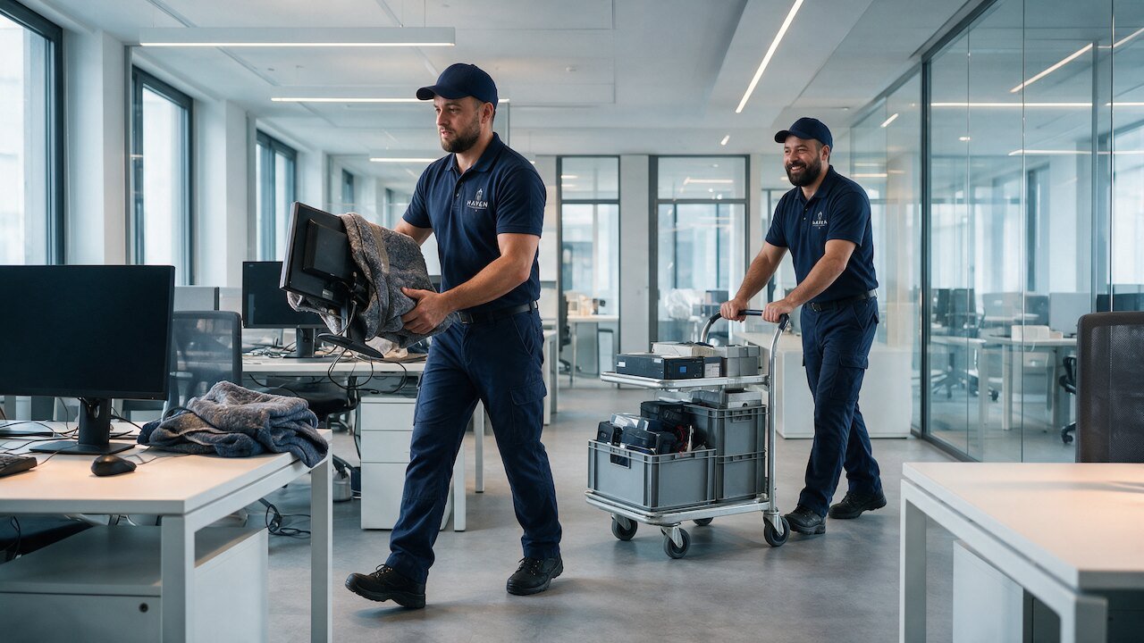 HAVEN-Mitarbeiter transportieren einen gepolsterten Bildschirm und Technik auf Rollwagen durch ein Großraumbüro.