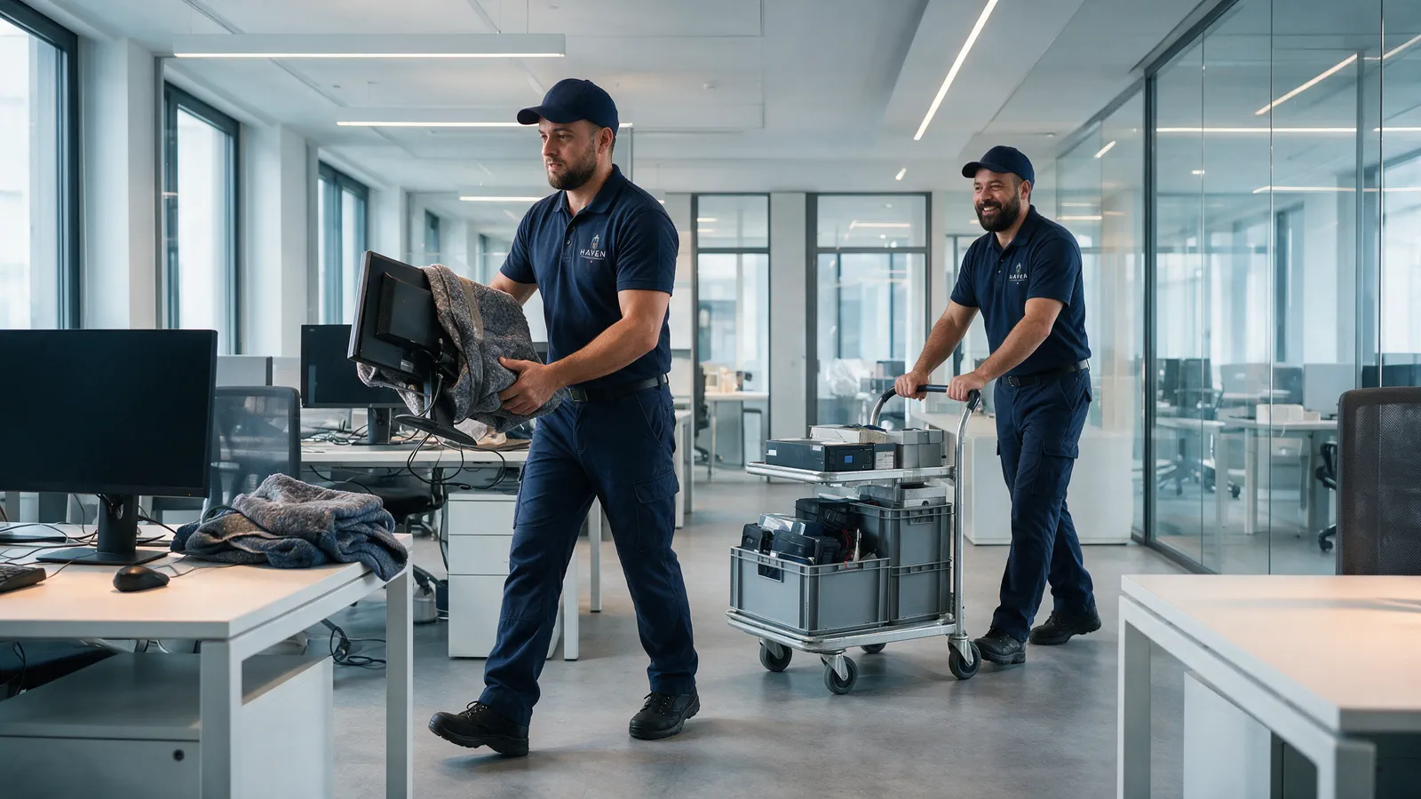 HAVEN-Mitarbeiter transportieren einen gepolsterten Bildschirm und Technik auf Rollwagen durch ein Großraumbüro.