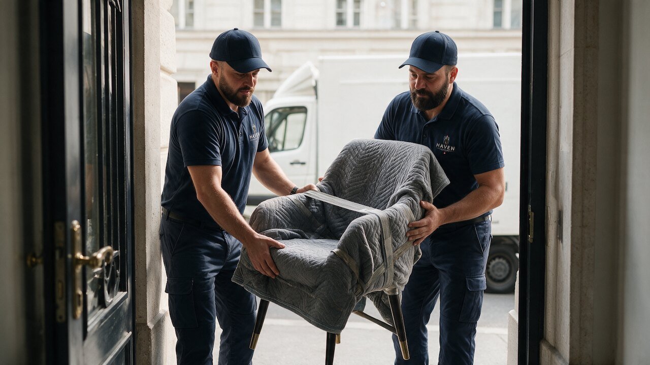 Zwei HAVEN-Mitarbeiter tragen einen in Decken gepackten Sessel durch eine Haustür.