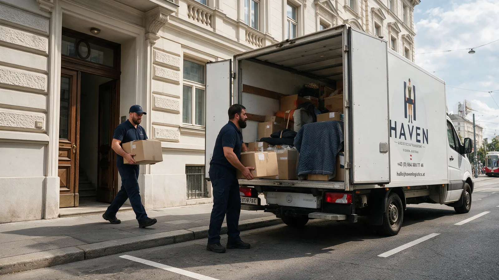 Zwei HAVEN-Mitarbeiter laden Kartons in den HAVEN-Koffer-Lkw vor einem Wiener Altbau.