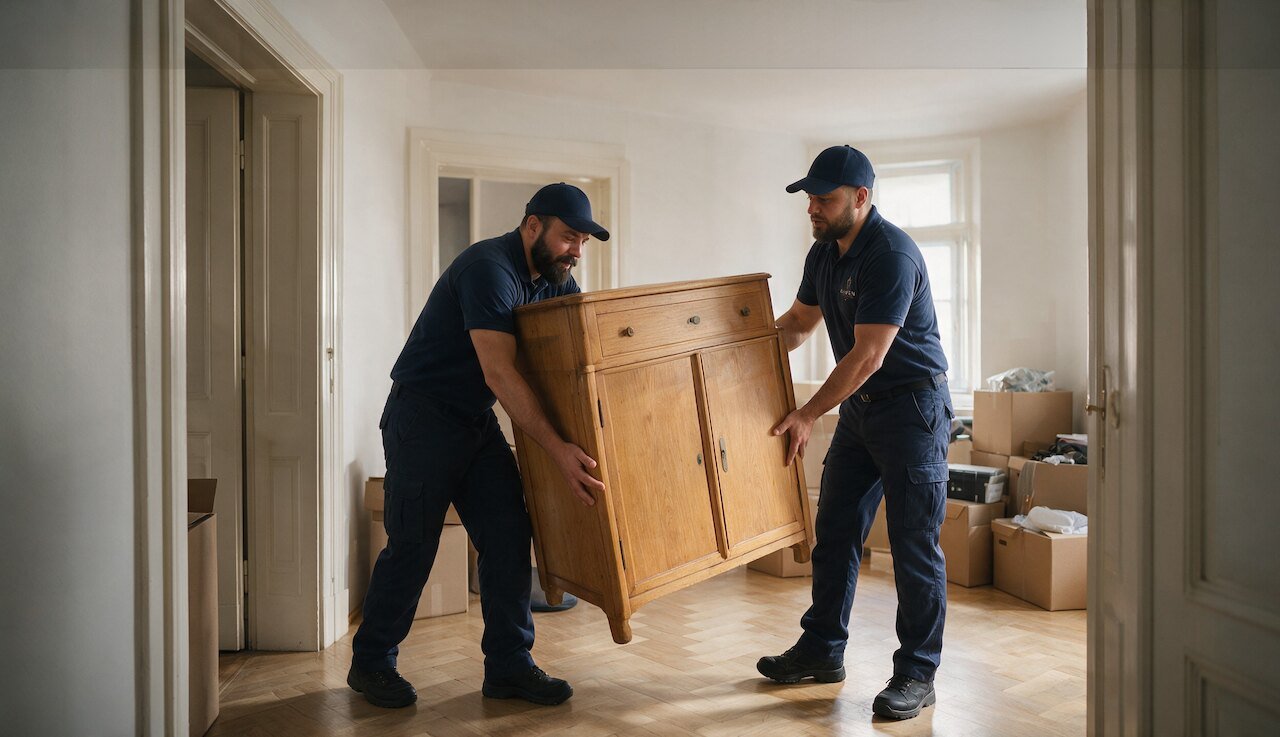 Zwei HAVEN-Mitarbeiter tragen eine Holzkommode aus einer leergeräumten Altbauwohnung.