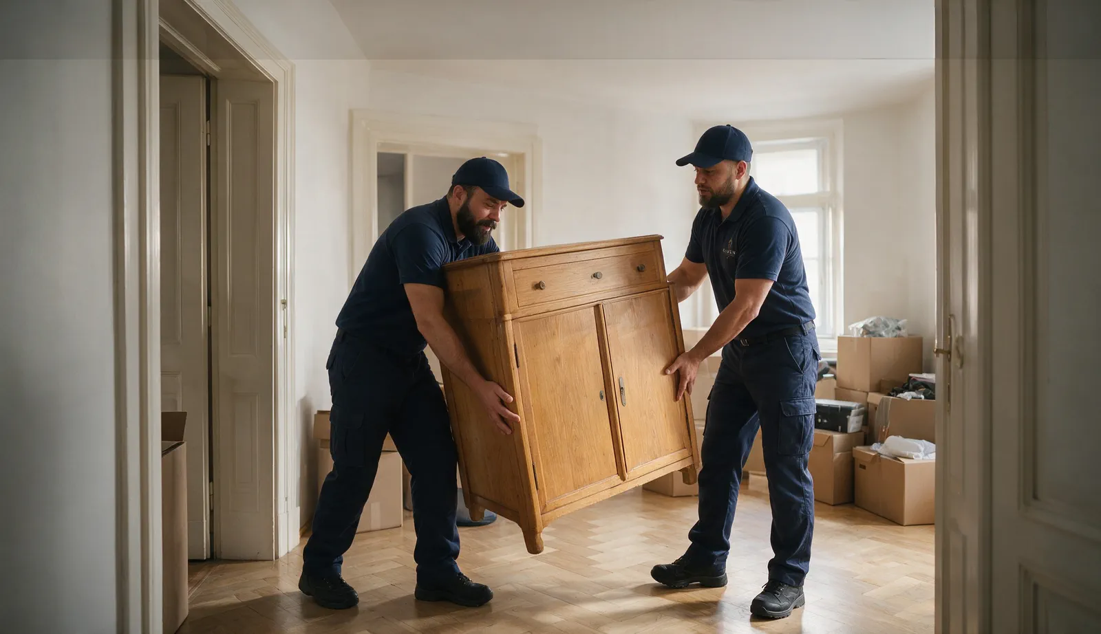 Zwei HAVEN-Mitarbeiter tragen eine Holzkommode aus einer leergeräumten Altbauwohnung.